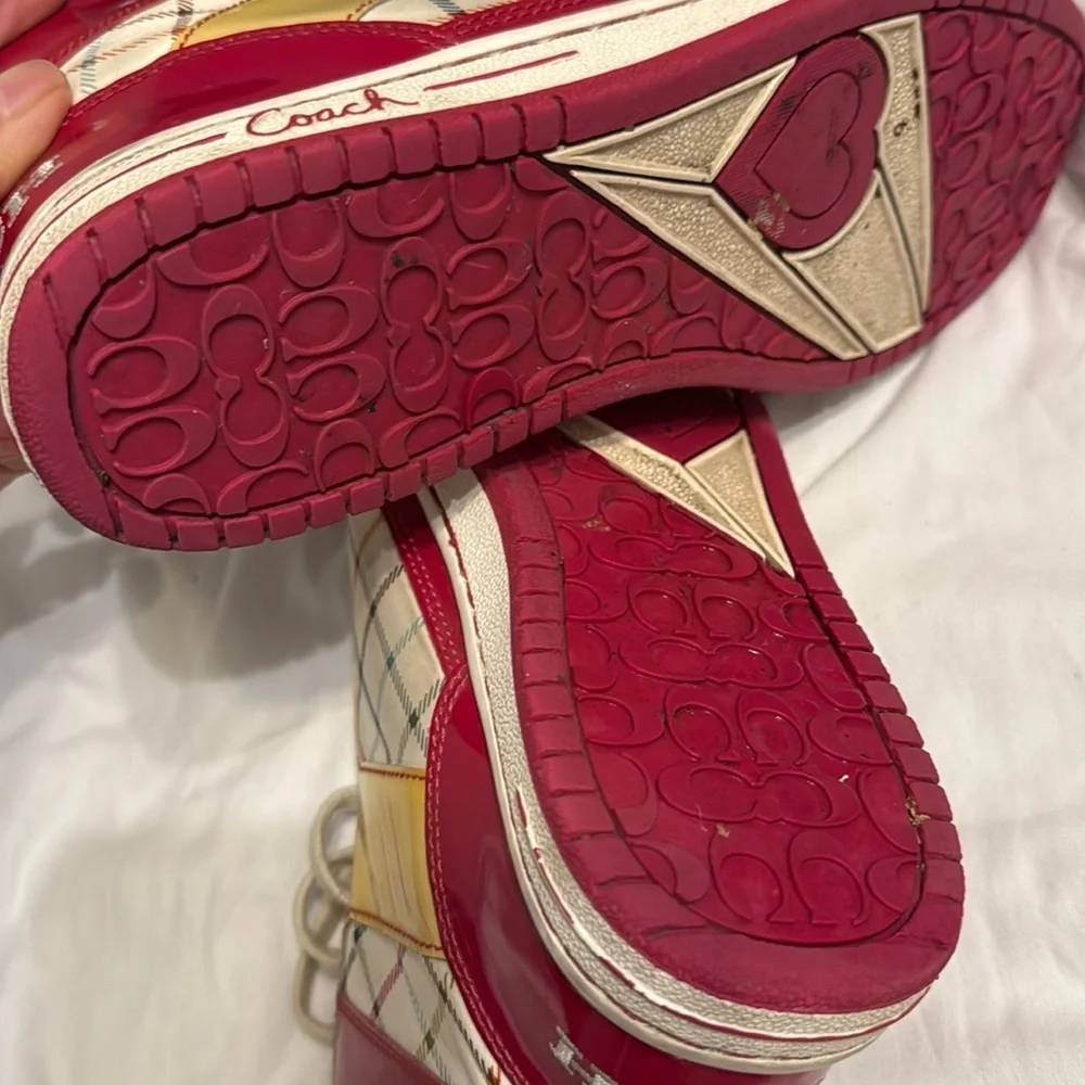 Coach Nora Tattersall 7.5 Pink Raspberry and Yellow Plaid Vegan Leather High Top